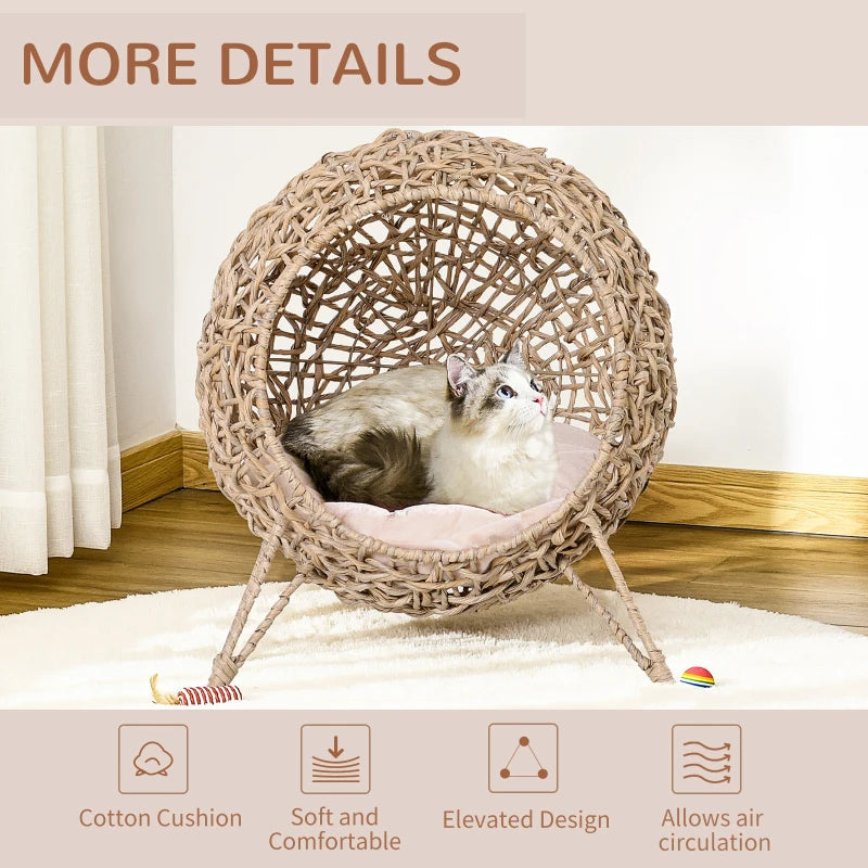 HKM-4486077 Hand-Woven Elevated Cat Bed with Soft Cushion, Natural Rattan Design for Cats Under 11 Pounds