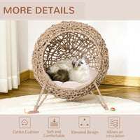 HKM-4486077 Hand-Woven Elevated Cat Bed with Soft Cushion, Natural Rattan Design for Cats Under 11 Pounds