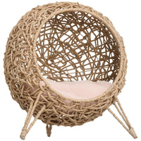 HKM-4486077 Hand-Woven Elevated Cat Bed with Soft Cushion, Natural Rattan Design for Cats Under 11 Pounds