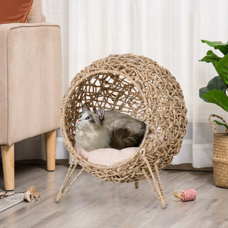 HKM-4486077 Hand-Woven Elevated Cat Bed with Soft Cushion, Natural Rattan Design for Cats Under 11 Pounds