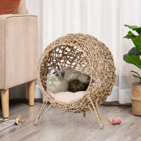 HKM-4486077 Hand-Woven Elevated Cat Bed with Soft Cushion, Natural Rattan Design for Cats Under 11 Pounds