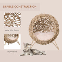HKM-4486077 Hand-Woven Elevated Cat Bed with Soft Cushion, Natural Rattan Design for Cats Under 11 Pounds