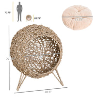 HKM-4486077 Hand-Woven Elevated Cat Bed with Soft Cushion, Natural Rattan Design for Cats Under 11 Pounds