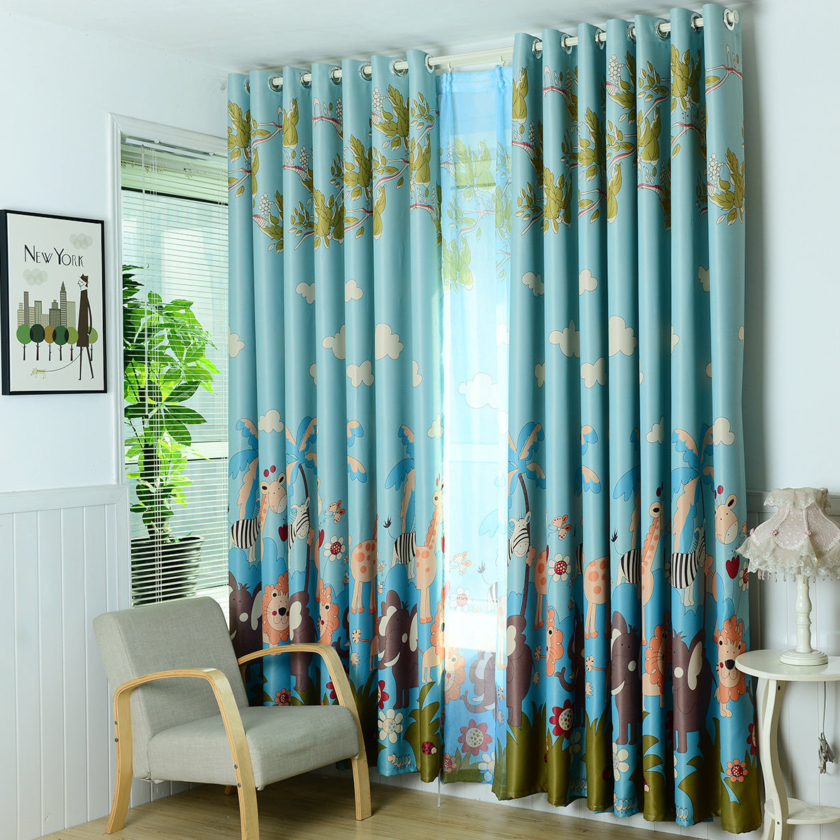 HKM-448659 Animal Paradise Full Blackout Curtains for Kids' Bedrooms, Cotton Fabric, Various Sizes Available