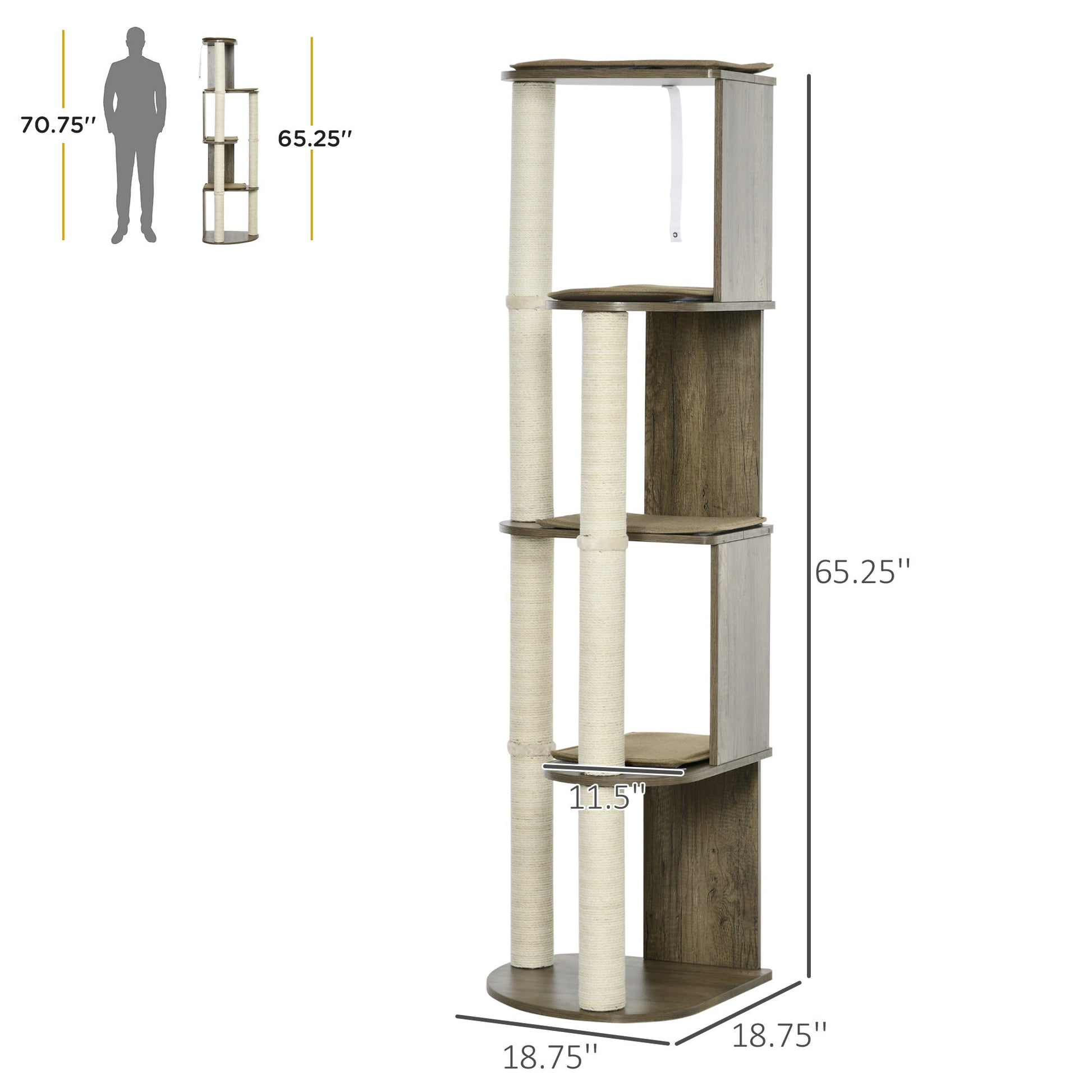 HKM-4487741 65" Cream White Corner Cat Tree with Scratching Posts, Multilevel Tower for Climbing and Napping