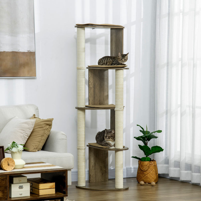 HKM-4487741 65" Cream White Corner Cat Tree with Scratching Posts, Multilevel Tower for Climbing and Napping