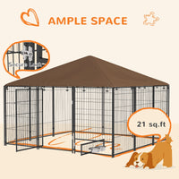 HKM-4488125 Outdoor Dog Kennel with Canopy and Rotating Bowls - 6.9' x 6.9' x 5' Enclosure for Comfort and Hydration