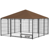 HKM-4488125 Outdoor Dog Kennel with Canopy and Rotating Bowls - 6.9' x 6.9' x 5' Enclosure for Comfort and Hydration