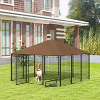 HKM-4488125 Outdoor Dog Kennel with Canopy and Rotating Bowls - 6.9' x 6.9' x 5' Enclosure for Comfort and Hydration