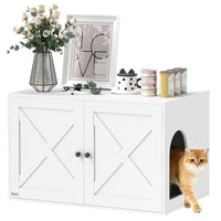 HKM-4493885 Cat Litter Box Enclosure with Barn Door, Stylish White Cabinet for Privacy and Organization