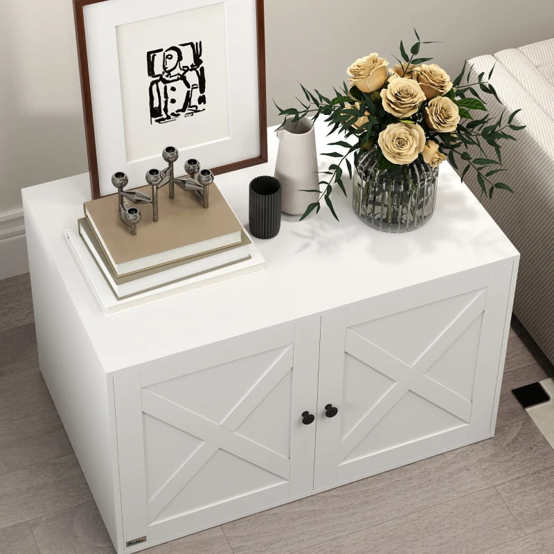 HKM-4493885 Cat Litter Box Enclosure with Barn Door, Stylish White Cabinet for Privacy and Organization