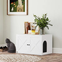 HKM-4493885 Cat Litter Box Enclosure with Barn Door, Stylish White Cabinet for Privacy and Organization