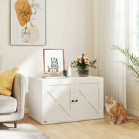 HKM-4493885 Cat Litter Box Enclosure with Barn Door, Stylish White Cabinet for Privacy and Organization
