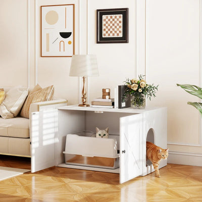 HKM-4493885 Cat Litter Box Enclosure with Barn Door, Stylish White Cabinet for Privacy and Organization