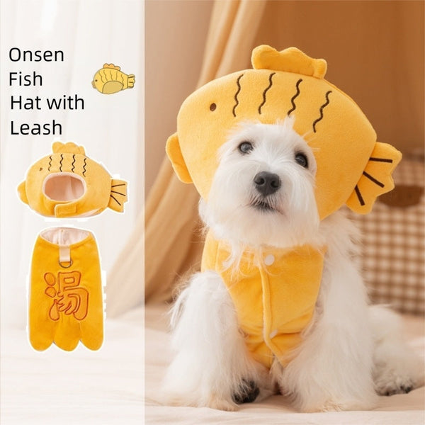 HKM-4494781 Onsen Fish Costume for Pets - Yellow Hat and Vest for Cozy Fun