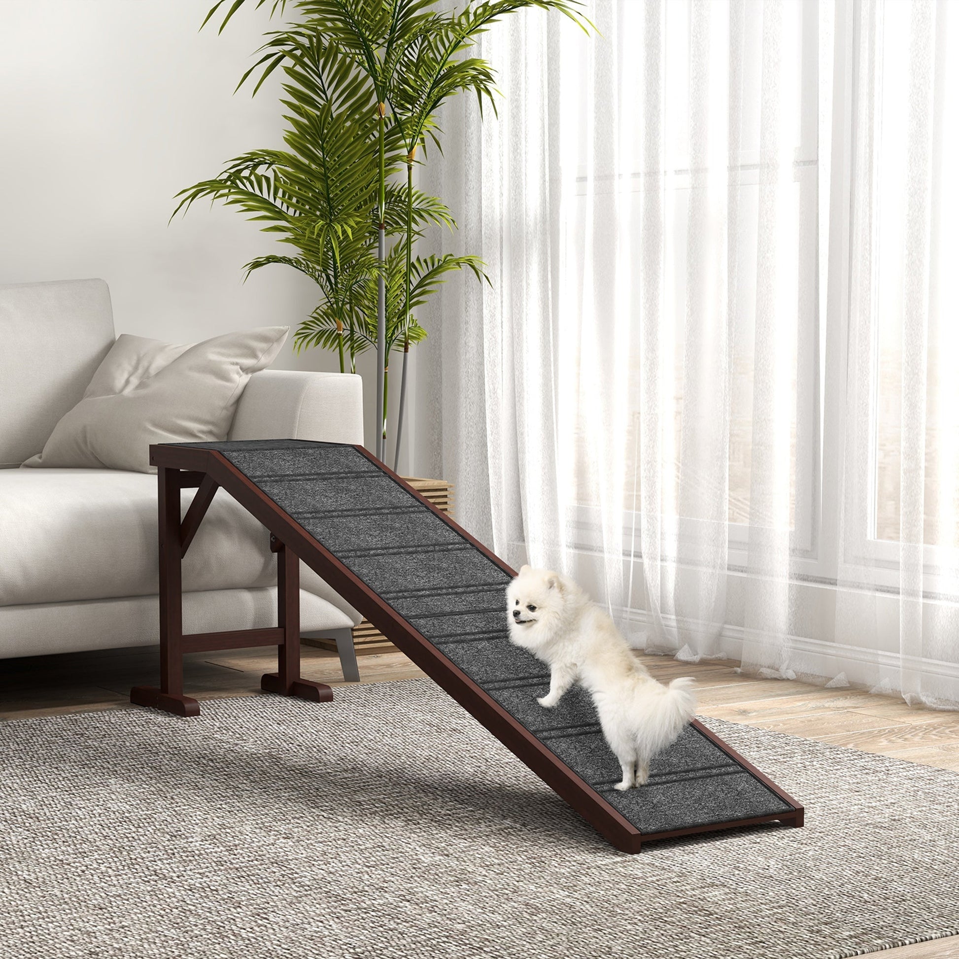 HKM-4495677 Pet Assist Ramp for Dogs and Cats - Pine Wood, Anti-Slip Surface, 74" L x 16" W x 25" H, Supports Pets Under 77 lbs