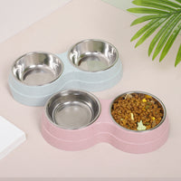 HKM-4496189 Wheat Straw Double Cat Bowl in Pink, Blue, and Green - Eco-Friendly Design