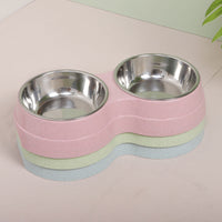 HKM-4496189 Wheat Straw Double Cat Bowl in Pink, Blue, and Green - Eco-Friendly Design