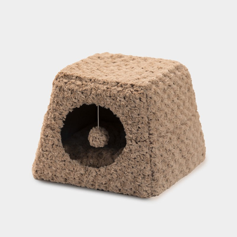 HKM-4505789 Foldable Cat Nest with Fully Enclosed Design in Brown Fancy Velvet and Rabbit Fur