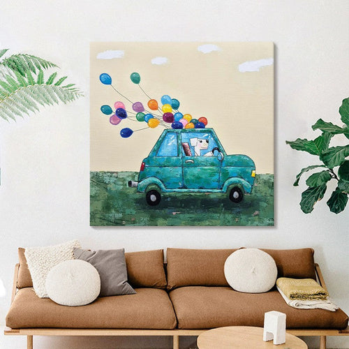 HKM-450579 Cute Cartoon Dog with Balloon Handmade Oil Painting Canvas Wall Art for Children's Room Decor