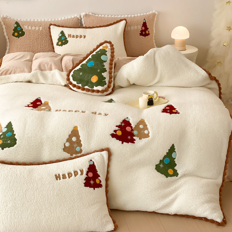 HKM-450643 Fleece-Lined Cartoon Animation Christmas Tree Bedding Set - 4-Piece with Bright Yellow Design