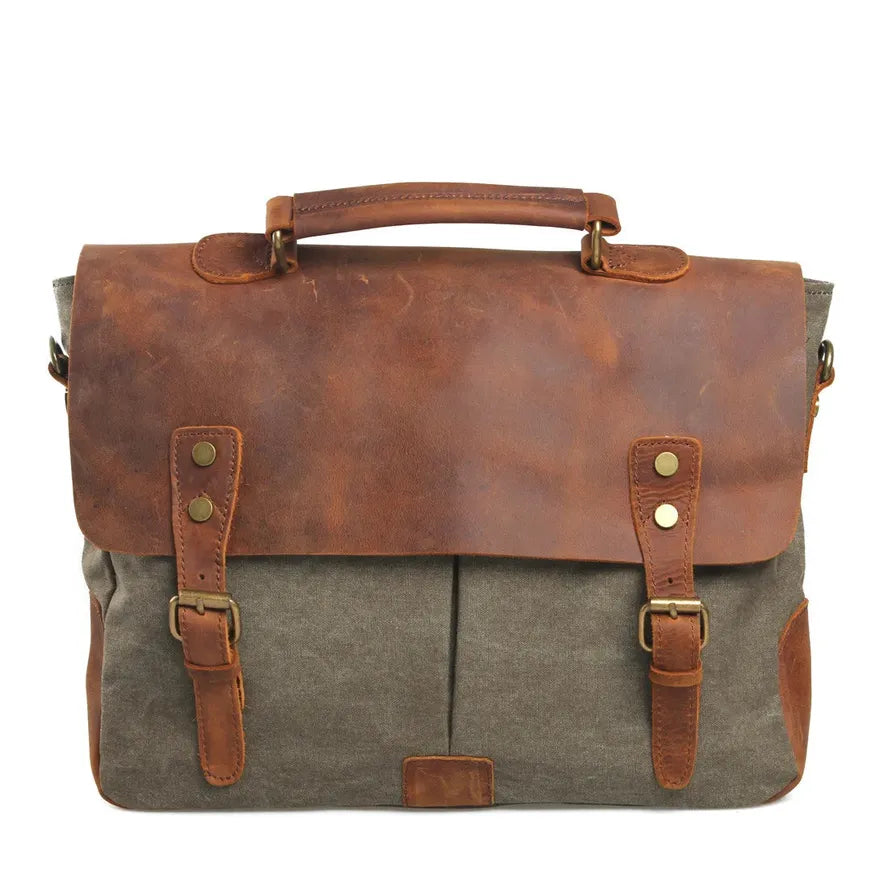 HKM-450707 Retro Canvas Cowhide Crossbody Messenger Bag for Business and Travel with Laptop Compartment
