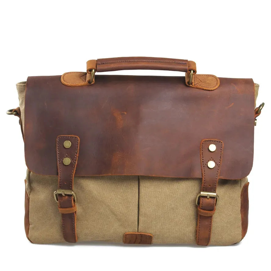 HKM-450707 Retro Canvas Cowhide Crossbody Messenger Bag for Business and Travel with Laptop Compartment