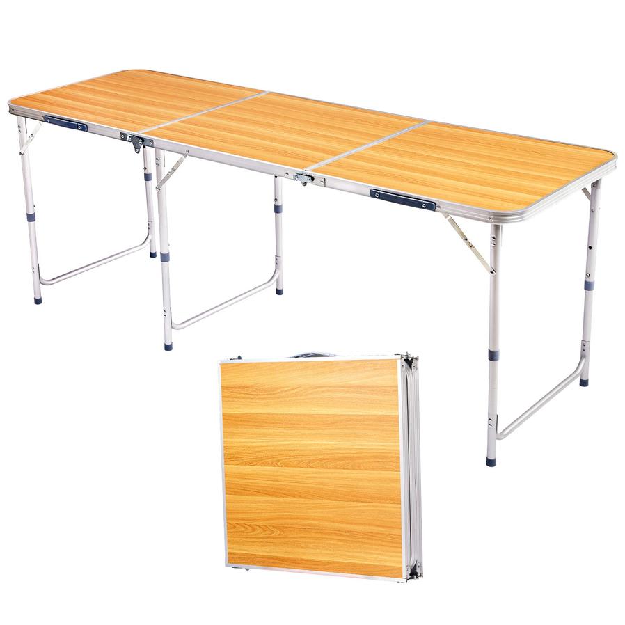 HKM-450835 6ft Folding Outdoor Table with Wood Grain Finish - Lightweight Aluminum Alloy Tri-fold Design, 50kg Capacity