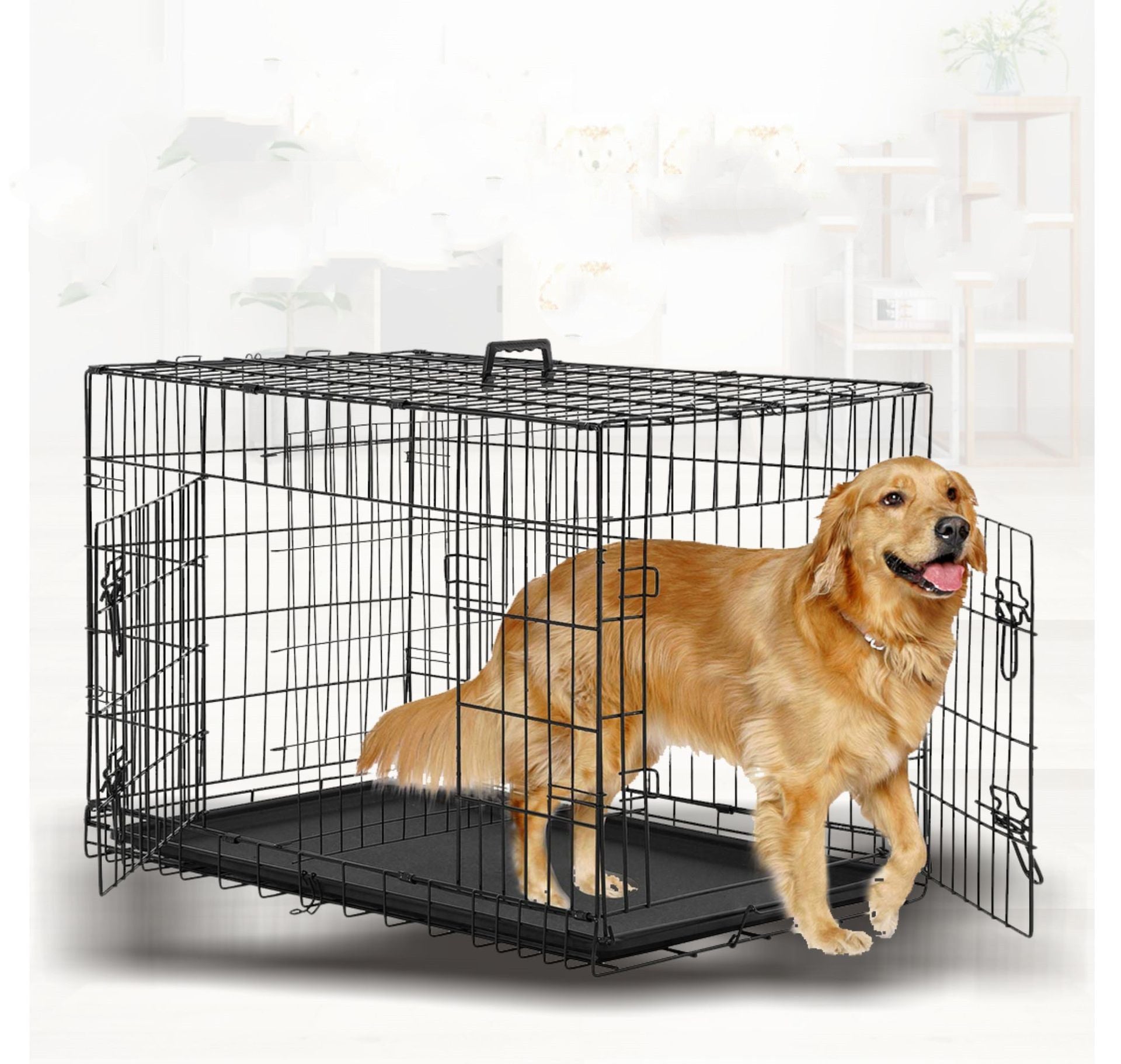 HKM-4509373 Folding Wire Cage for Large Pets - High Gloss Black, 18 Inches (49*28*34cm)