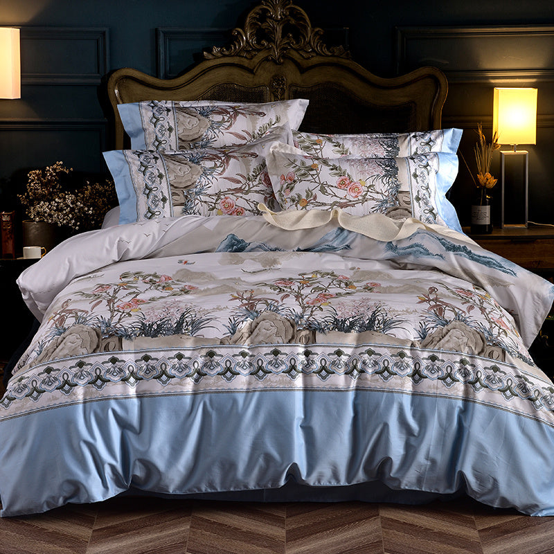 HKM-450963 Elegant Cotton Satin Plant Print Duvet Cover Set with Pillowcases - Available for Various Bed Sizes