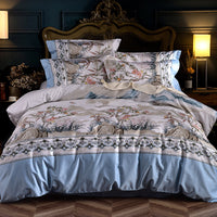 HKM-450963 Elegant Cotton Satin Plant Print Duvet Cover Set with Pillowcases - Available for Various Bed Sizes