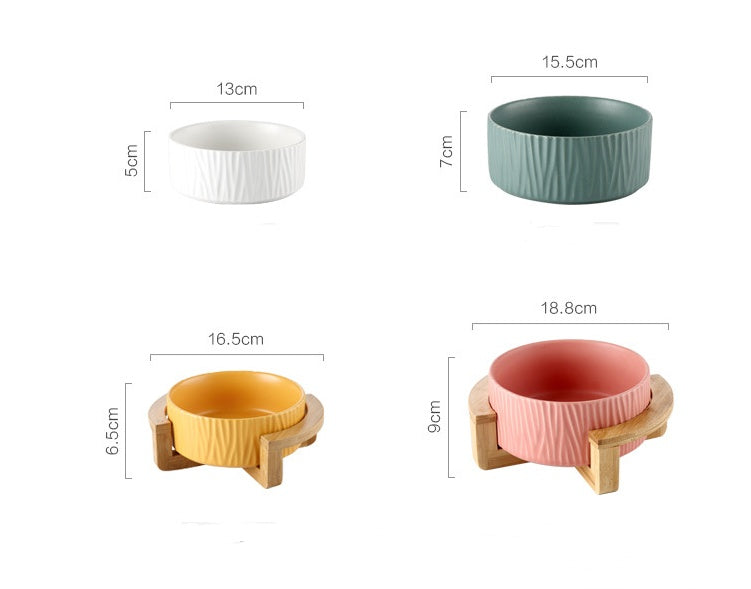 HKM-4511677 Pet Food Bowl with Bamboo Wood Frame - Ceramic Design in Pink, Yellow, Green, and White, Small 400ml / Large 850ml Capacity