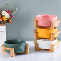 HKM-4511677 Pet Food Bowl with Bamboo Wood Frame - Ceramic Design in Pink, Yellow, Green, and White, Small 400ml / Large 850ml Capacity