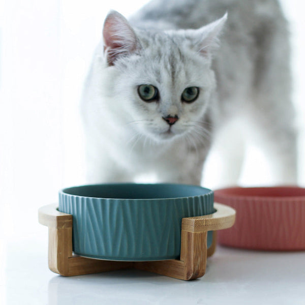 HKM-4511677 Pet Food Bowl with Bamboo Wood Frame - Ceramic Design in Pink, Yellow, Green, and White, Small 400ml / Large 850ml Capacity