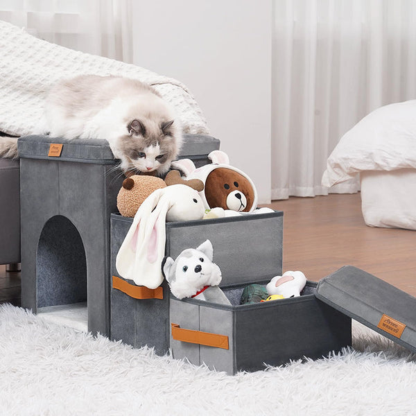 HKM-4514749 Foldable Gray Pet Storage Stairs for Dogs - 2 or 3 Steps Available, Durable Cloth Material