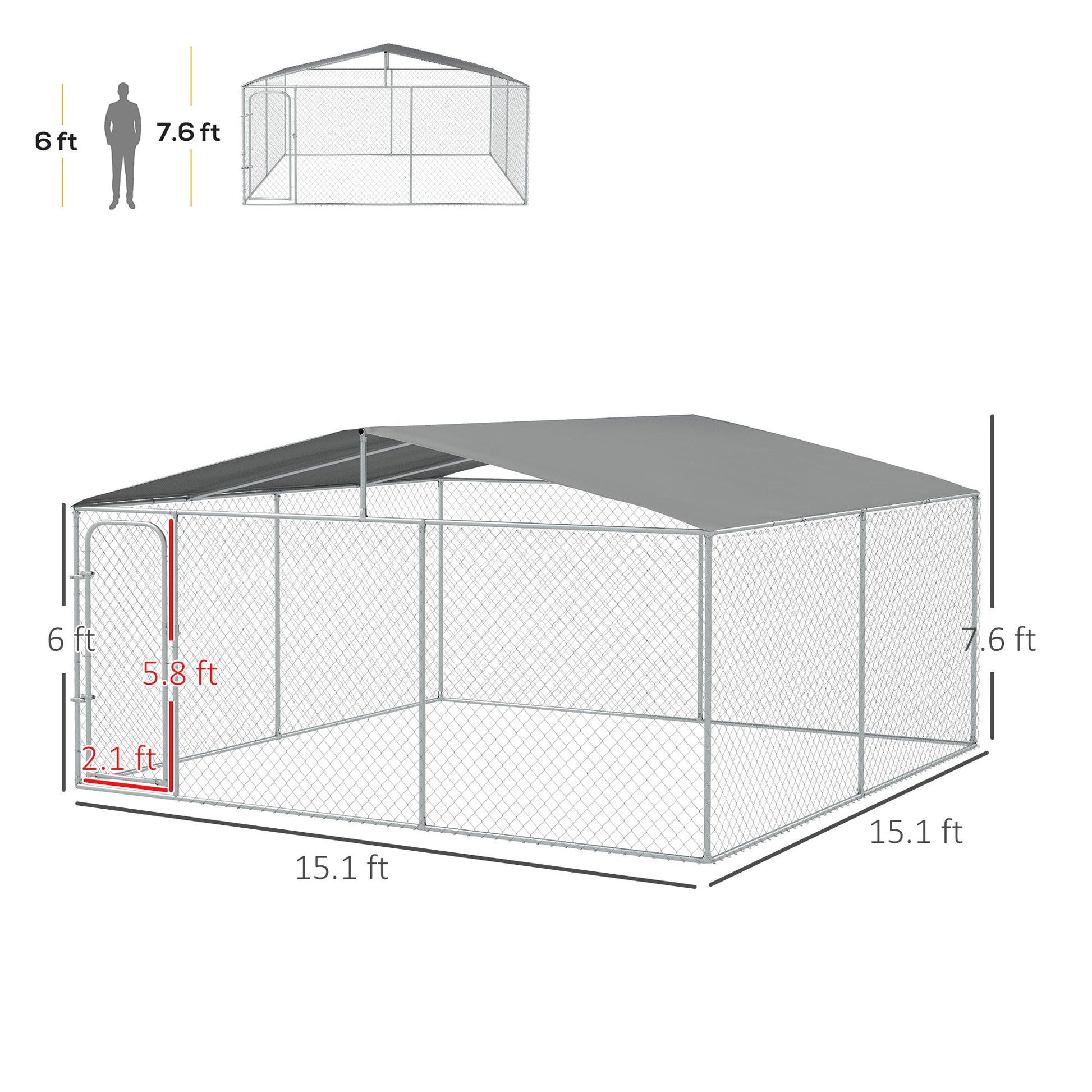 HKM-4520893 15x15 Outdoor Dog Kennel with Roof, Galvanized Steel Frame for Large Dogs, Secure Enclosure for Backyard Use