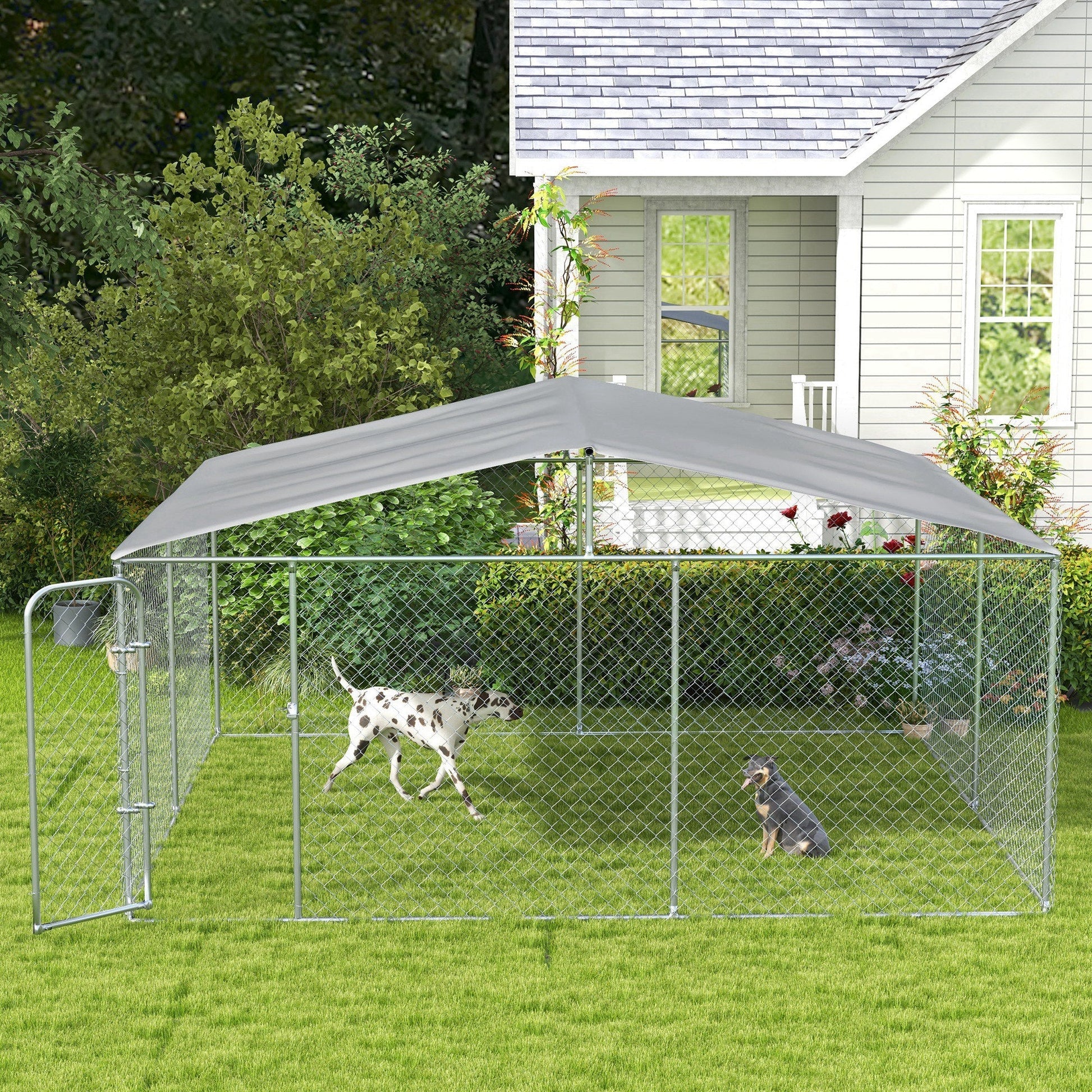HKM-4520893 15x15 Outdoor Dog Kennel with Roof, Galvanized Steel Frame for Large Dogs, Secure Enclosure for Backyard Use