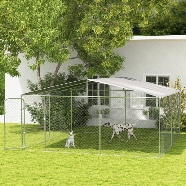 HKM-4520893 15x15 Outdoor Dog Kennel with Roof, Galvanized Steel Frame for Large Dogs, Secure Enclosure for Backyard Use