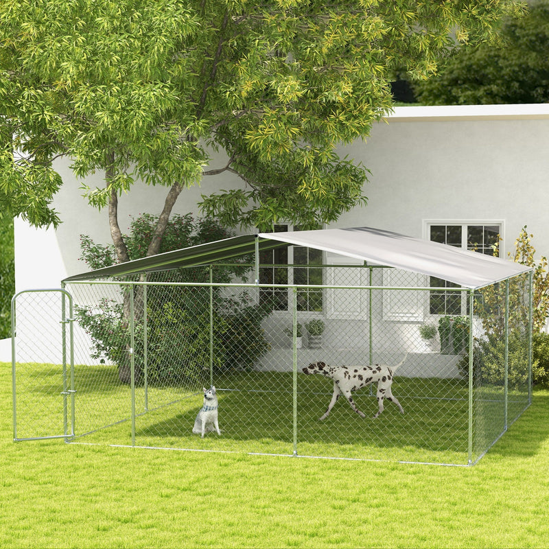 HKM-4520893 15x15 Outdoor Dog Kennel with Roof, Galvanized Steel Frame for Large Dogs, Secure Enclosure for Backyard Use
