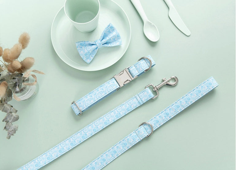 HKM-4526781 Paisley Pattern Dog Collar and Leash Set with Bow - Polyester Material, Multiple Sizes Available