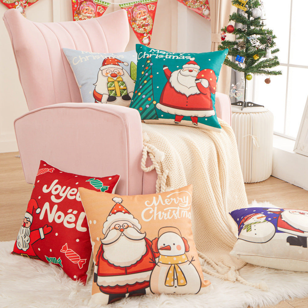 HKM-452755 Christmas Cartoon Santa Cushion Pillow Cover - 45x45cm Polyester Linen, Modern Design in Multiple Colors