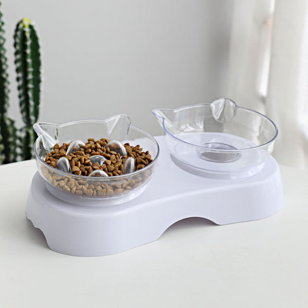 HKM-4528957 Dual Purpose Cat Ears Double Bowl for Food and Water - White Plastic Design