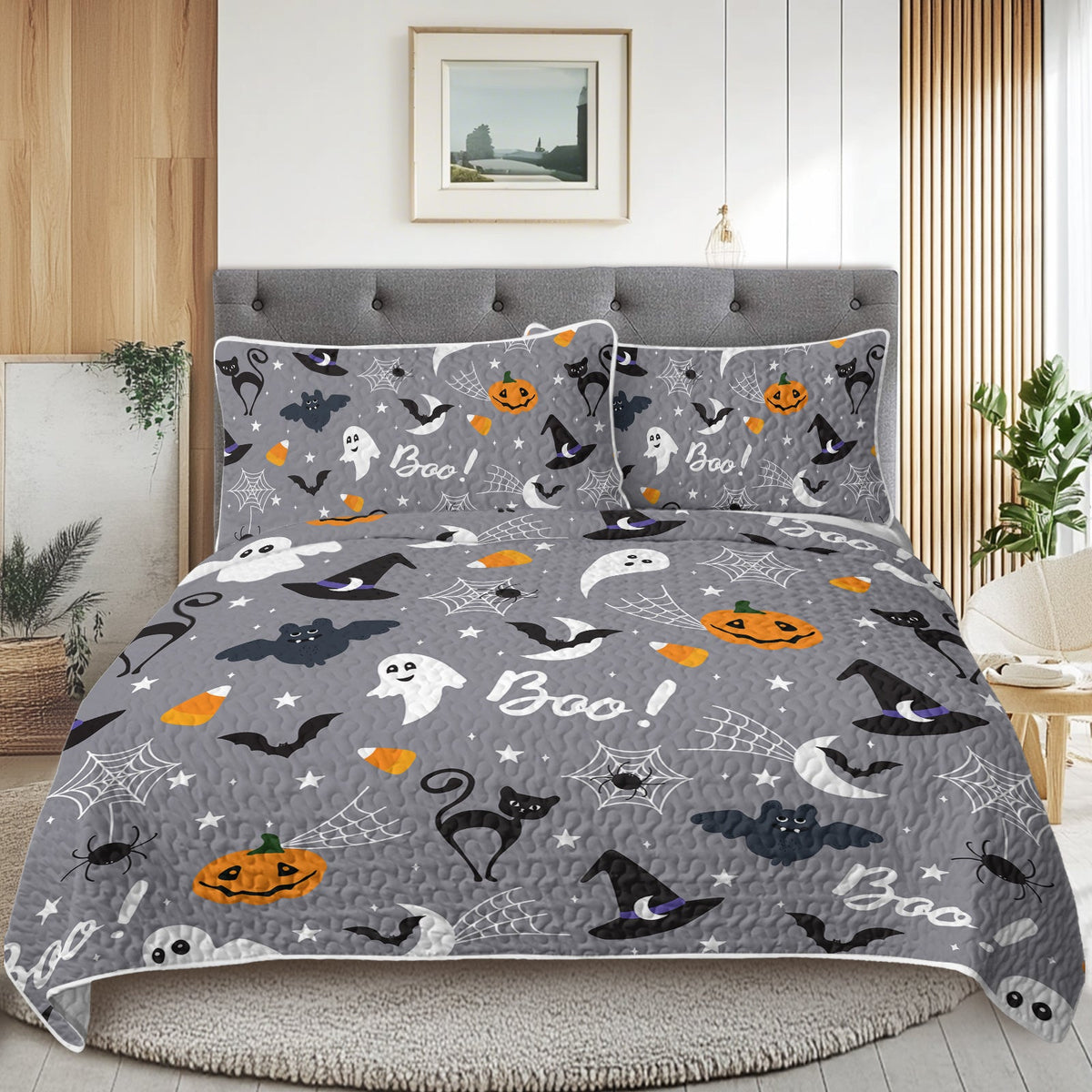 HKM-452947 Halloween Pumpkin Lightweight Comforter Set - 3pcs Coverlet with Pillowcases, Vibrant 3D Design, All Season Use