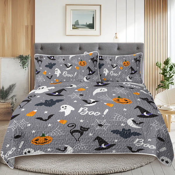 HKM-452947 Halloween Pumpkin Lightweight Comforter Set - 3pcs Coverlet with Pillowcases, Vibrant 3D Design, All Season Use