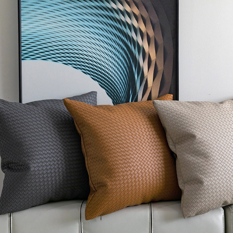 HKM-453075 Woven Textured PU Leather Throw Pillow Cover in Modern Style - 30x50cm & 45x45cm Sizes