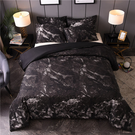 HKM-453267 Marbled Black and White Polyester Duvet Cover Set - Geometric Design, Various Sizes Available
