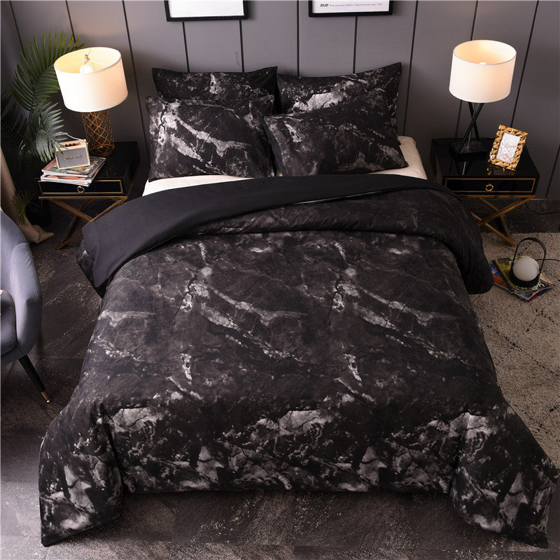 HKM-453267 Marbled Black and White Polyester Duvet Cover Set - Geometric Design, Various Sizes Available