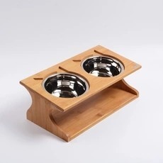 HKM-4532925 Solid Wood Cat Bowl with Bone China Dish Rack - Easy to Clean and Eco-Friendly