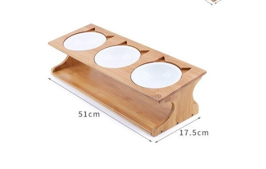 HKM-4532925 Solid Wood Cat Bowl with Bone China Dish Rack - Easy to Clean and Eco-Friendly