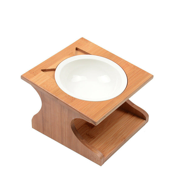 HKM-4532925 Solid Wood Cat Bowl with Bone China Dish Rack - Easy to Clean and Eco-Friendly